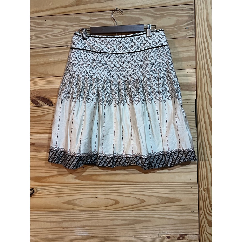 Ann Taylor LOFT Flare Skirt Beige Brown Pink Lined Pleated 100% Cotton Size 6